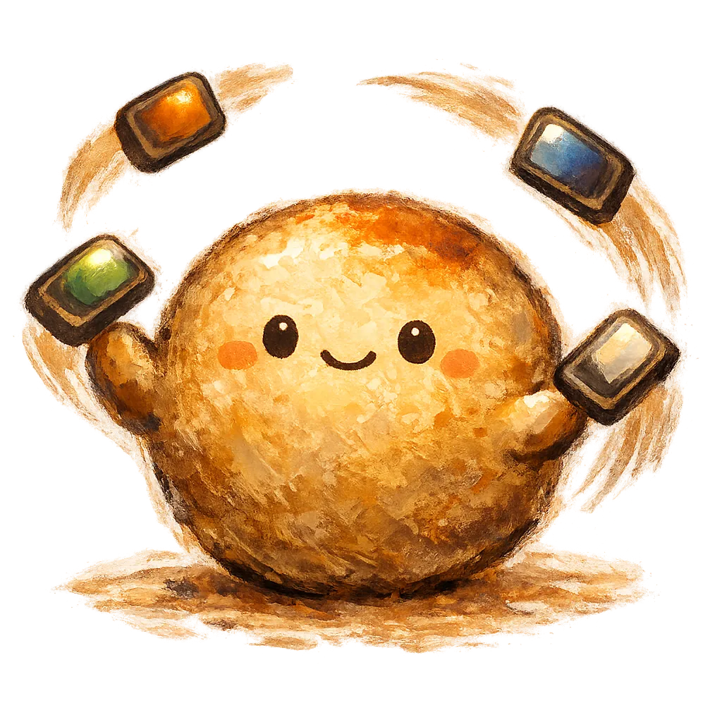 A cheerful round fishball with a small smiling face, juggling four glowing app tiles in a soft arc above its head